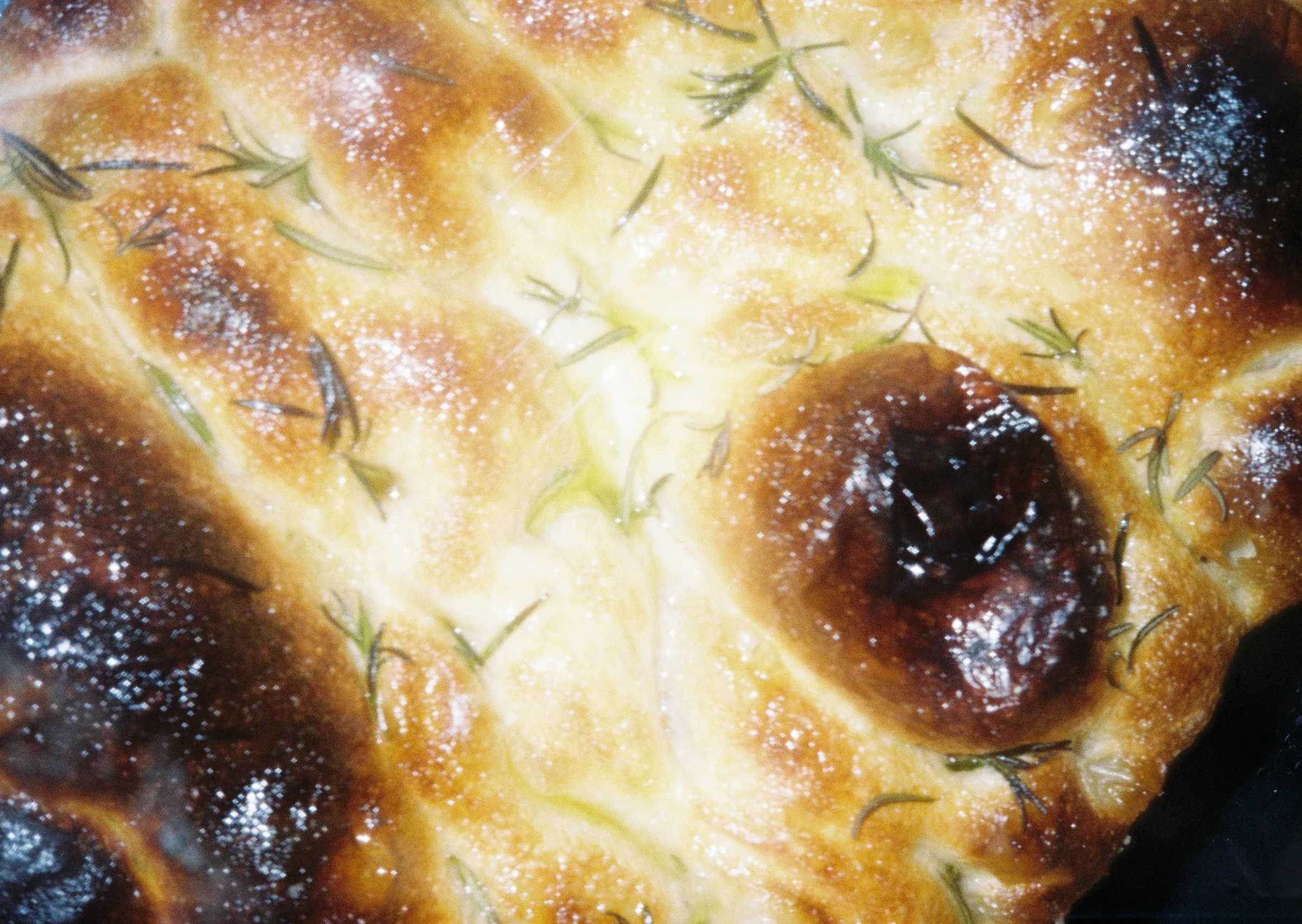 Close-up of glossy rosemary bread fresh from the oven